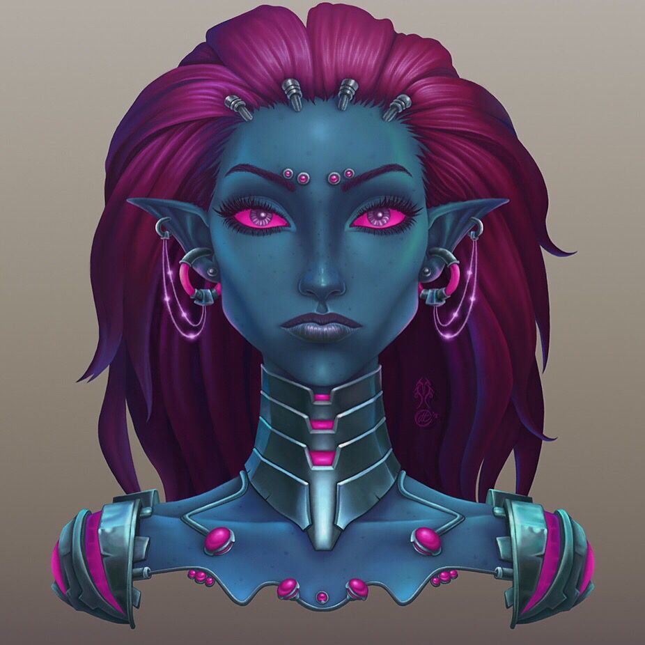 A blue skinned Mordesh woman with fuchsia hair, vibrant pink glowing eyes and pink accented biomechanical neck, shoulders, jewellery and implants