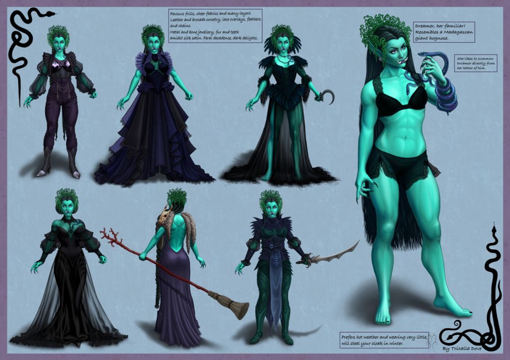 Five different fancy outfits and a basic body type illustration for Envessa, including formal gowns, armor and more casual attire