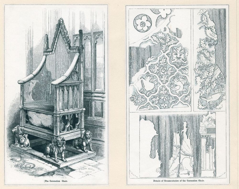 A sketch of the Coronation Chair, alongside two detailed sketches of some of the decoration which originally adorned it