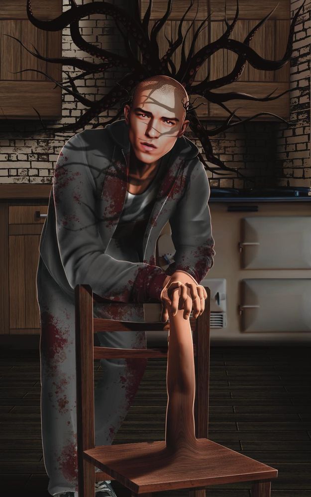 A white man in a grey hoodie and grey trousers, all bloodstained and grimy, leans over the back of a wooden kitchen chair in a rustic kitchen with old tiled walls, wooden cabinets, and an aga cooker. An arm is emerging from the chair seat, blending from the wood of its origins to the flesh tones of the man, who is holding its hand. He has dark root-like tendrils coming out of the back of his head and casting shadows over his face. The tendrils have leech mouths along their lengths. He has a serious expression, looking out at the viewer with a bit of casual attitude.
