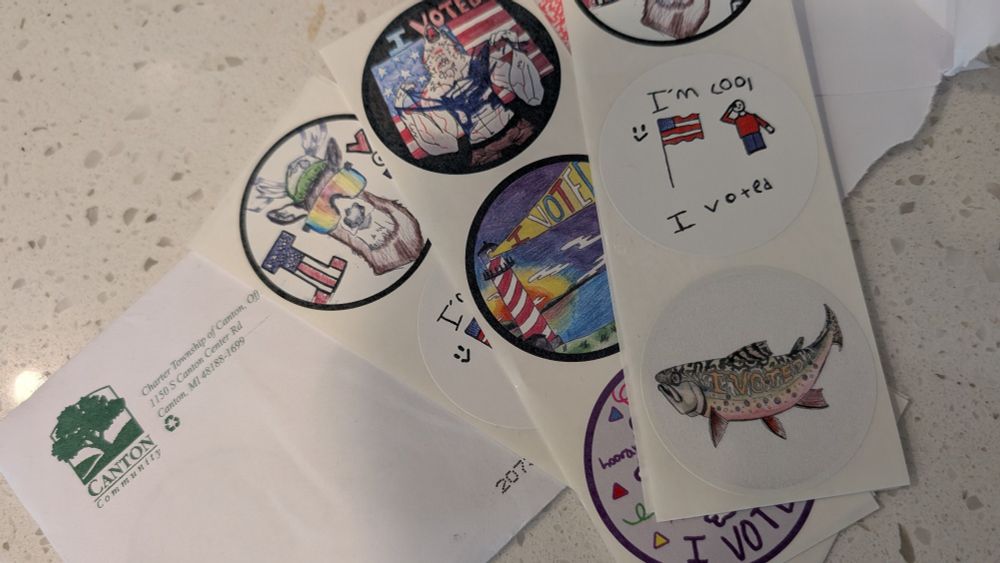 Michigan I voted stickers, sent by the Canton township clerk, who is a great public servant. 