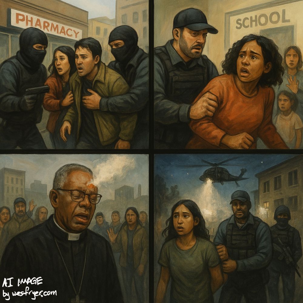 Four-panel painting showing scenes of fear and distress in an urban setting.
Top left: Armed men in black masks threaten a frightened couple outside a pharmacy.
Top right: A uniformed officer restrains a terrified woman outside a school, while children watch in alarm.
Bottom left: A solemn clergyman with closed eyes stands before a smoky cityscape as anxious onlookers gather behind him.
Bottom right: A young girl looks scared as an armed officer grips her arm; a helicopter with a searchlight hovers over nearby buildings in the night sky.
The artwork uses muted tones and realistic expressions to convey fear, loss, and oppression.
