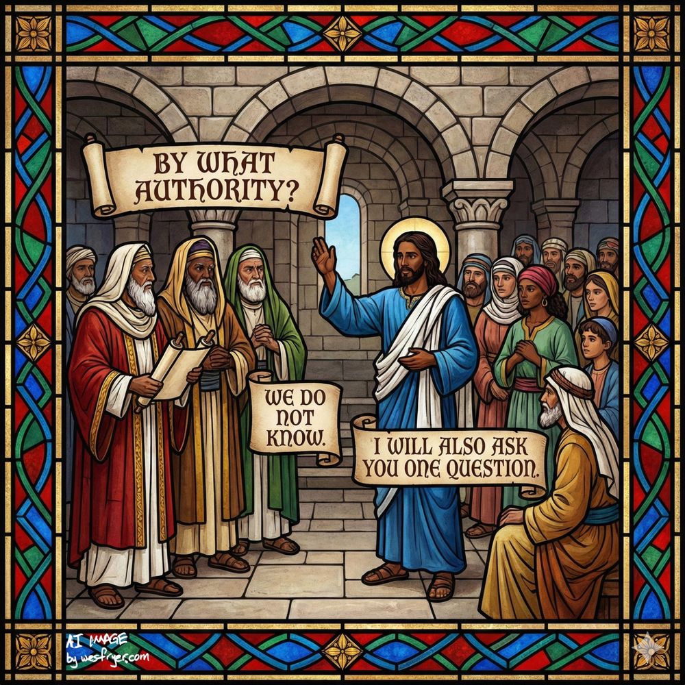 Stained-glass–style illustration of Jesus standing in a stone temple, raising one hand as he speaks to a group of religious leaders holding scrolls. A banner above them reads “By what authority?” Another banner near the leaders says “We do not know,” and a banner near Jesus reads “I will also ask you one question.” Men and women listen attentively around him, framed by colorful geometric borders.