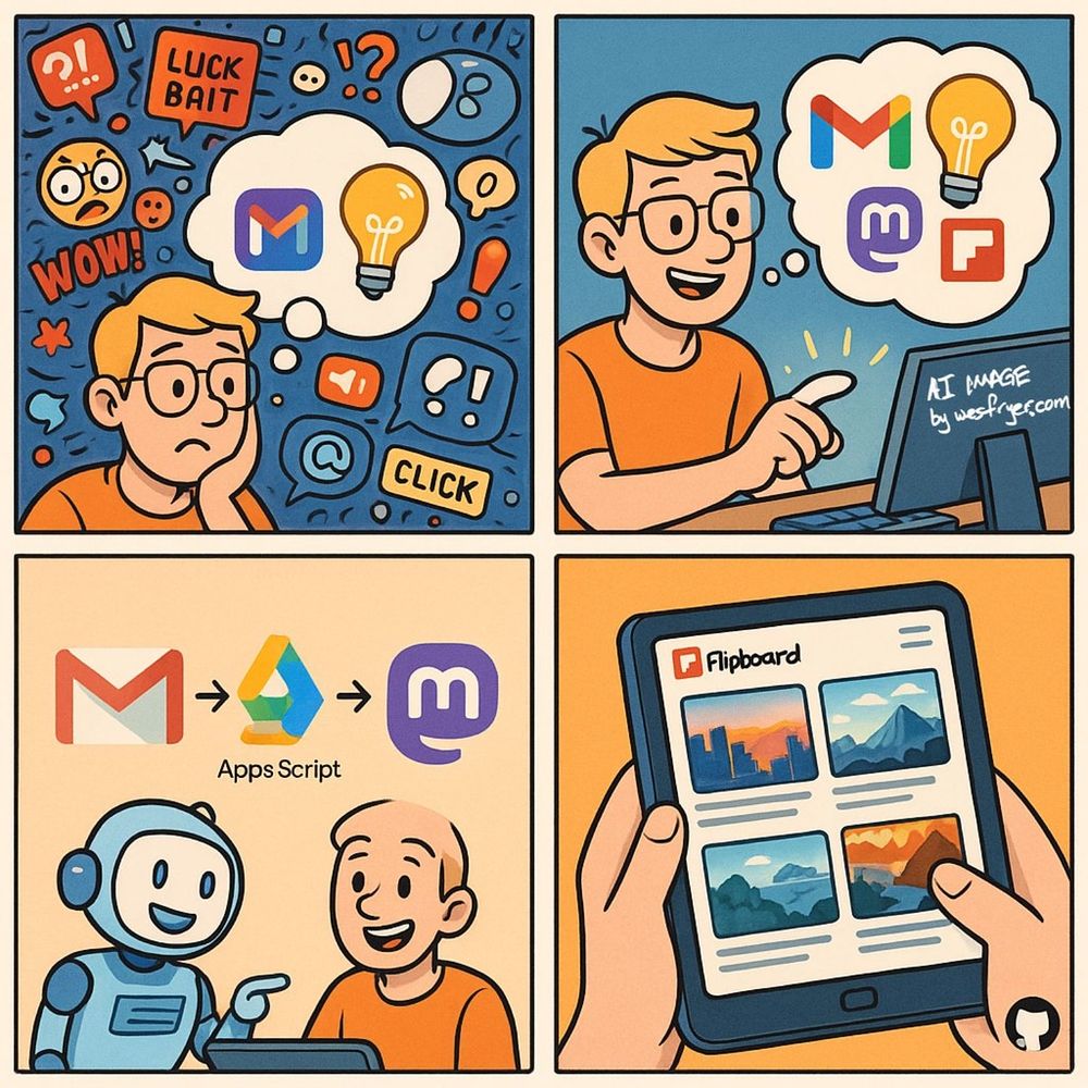 A four-panel comic strip shows a man’s journey from digital overwhelm to organized curation. In the first panel, a blonde man with glasses looks stressed while surrounded by chaotic notifications, emojis, and clickbait words; a thought bubble with a Gmail logo and lightbulb offers clarity. In the second panel, he smiles at his computer alongside a friendly robot, with a thought bubble showing Gmail, Mastodon, and Flipboard logos as his idea. The third panel illustrates a clean flowchart: Gmail → Google Apps Script → Mastodon, symbolizing the workflow. In the final panel, hands hold a tablet displaying a neat Flipboard magazine-style feed of curated articles, with the GitHub logo subtly in the corner, conveying open-source sharing.
