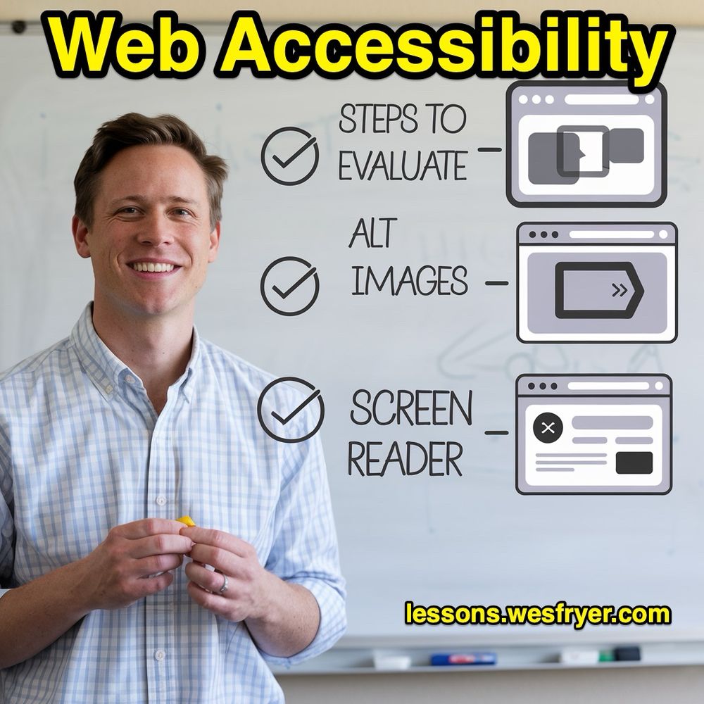 Photo of a teacher in front of a whiteboard, teaching about web accessibility and using a screen reader