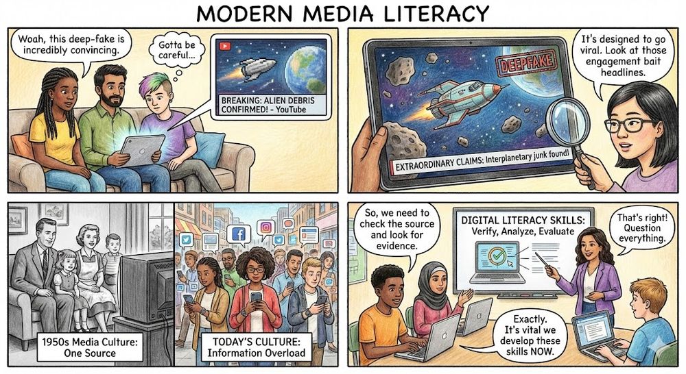 A four-panel comic titled “Modern Media Literacy.” Panel 1: Three teens sit on a couch watching a tablet that shows a fake news headline, “BREAKING: ALIEN DEBRIS CONFIRMED!” One says, “Woah, this deep-fake is incredibly convincing,” and another replies, “Gotta be careful…” Panel 2: A teacher holds a magnifying glass to a tablet image labeled “DEEPFAKE,” showing a spaceship among asteroids with a headline about “interplanetary junk.” She says it’s designed to go viral with engagement-bait headlines. Panel 3: A split scene contrasts a 1950s family watching one TV source with today’s crowded digital environment full of smartphones and social media icons. Panel 4: A diverse group of students and a teacher discuss digital literacy—verify, analyze, evaluate. The teacher says to question everything, and students agree these skills are vital now.