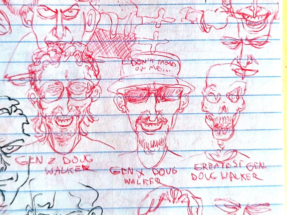 "GEN Z DOUG WALKER," below a clean sleaze doug with big circular glasses. "GEN X DOUG WALKER," below a wraparound glasses-bearing doug sporting a "DON'T TREAD ON ME" bucket hat. "GREATEST GENERATION DOUG WALKER," below a photo of a skeleton.