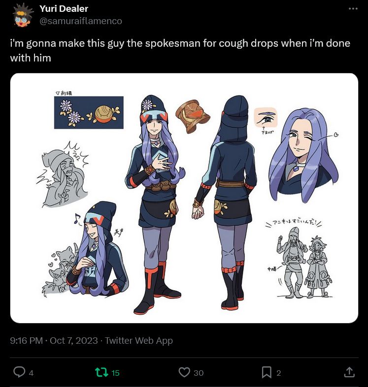 tweet from @samuraiflamenco that says

"i'm gonna make this guy the spokesman for cough drops when i'm done with him"

attached is the reference sheet for Melli from Pokemon Legends: Arceus