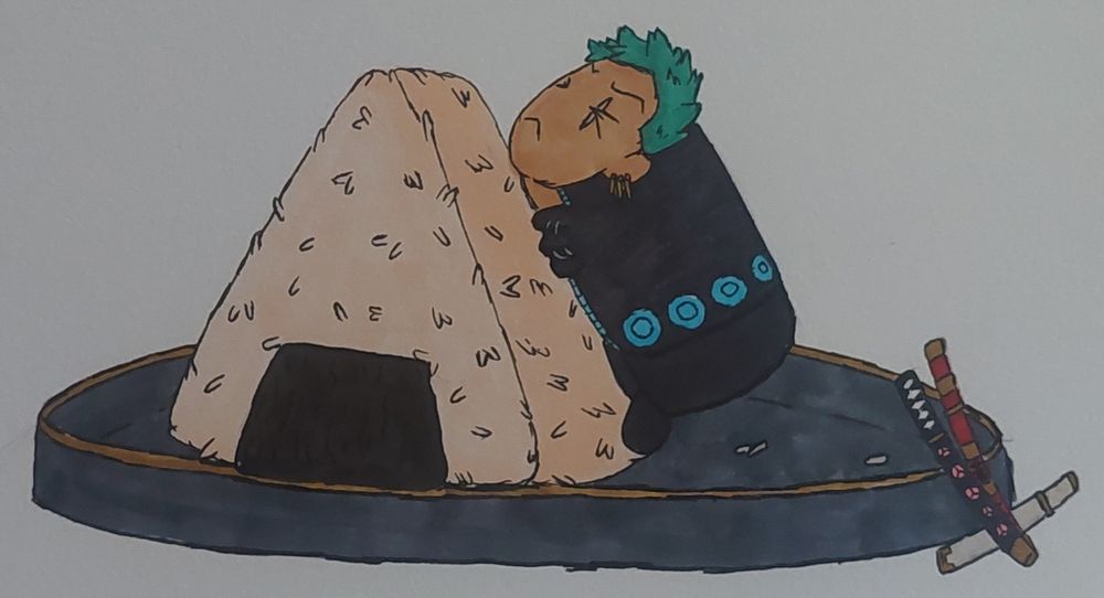 A miniature Roronoa Zoro is clinging to a large rice ball, his hands flailing and face scrunched in concentration. He's wearing a black outfit with little blue accents and his swords are leaned against the plate the onigiri sits in.
