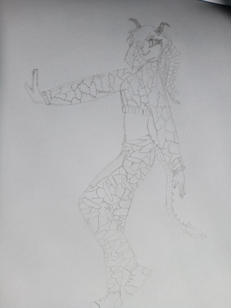 A sketch of a demon girl in a military grade crop top striking a pose. Yes, it's military grade