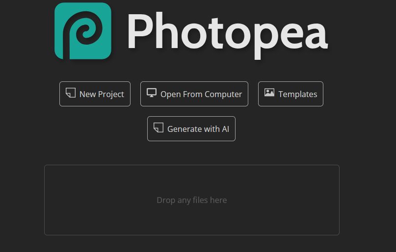 Photopea's starter page with the very conspicuous option of "Generate with AI" added below the other ones