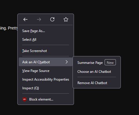 right-click context menu with the cursor hovering over an option titled "Ask an AI Chatbot", which reveals three new options titled "Summarise page (new)", "Choose and AI chatbot" and "Remove AI Chatbot"