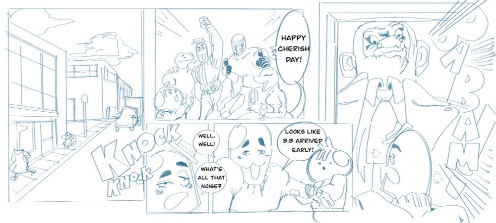 An establishing shot of the back of Kirby’s restaurant. The 2nd panel is of the Star family from left to right: Omar Star . A young anthropomorphic slug man wearing a sweater,  Akyli Star an anthropomorphic Komodo dragon lady wearing a turtleneck and jeans, Kirby Star, a lanky anthropomorphic slug man wearing a sweater, dress pants, Ujima wearing a turtleneck and jeans holding two wine glasses, Layla Washington, an anthropomorphic salamander lady who’s Ujima’s fiancé also holding a wine glass. They all shout together , “happy Cherish Day!”. 
Panel three: a knocking at the back door alerts Kirby while he is in a drunken state, Kirby: what’s all that noise?. Panel four: Kirby walks to the door being pulled by his youngest son Omar, Kirby with a drunken cat grin: well, well! Looks like B.B. arrived early! Last panel: Kirby in a glazed stupor, squints up to the door entrance , showing a giant ghastly looking Monkey man grimacing down upon him. An onomatopoeia appears next to both: Ba-Bam!