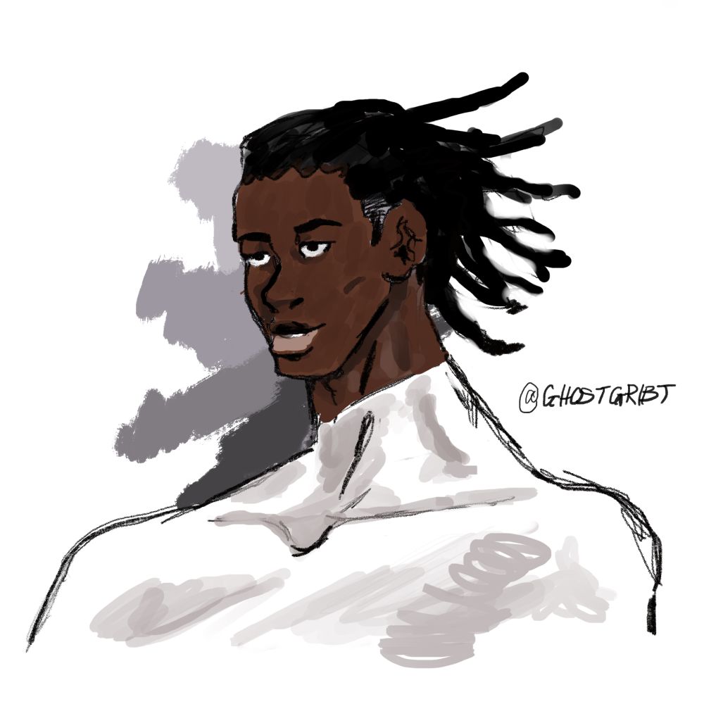 A sketch of a black man with dreadlocks spiked back. 