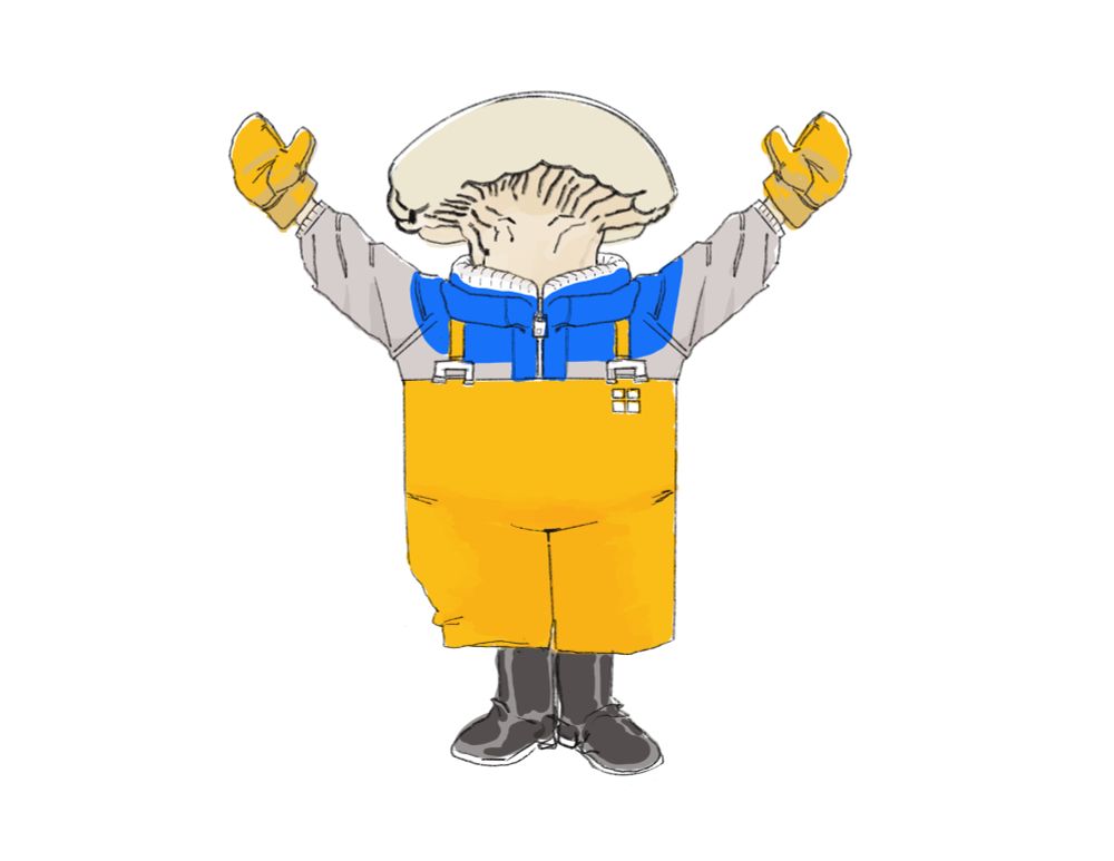 Anthropomorphic Mushroom in fishing gear, both hands raise to greet you.