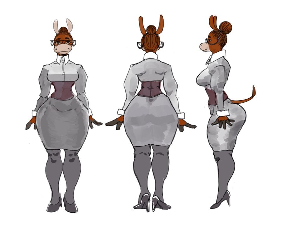 Kiara Don Kee in her work attire, a pencil skirt dress with stockings, high heels,a corset with a white dress shirt. Librarian glasses with her hair in a bun