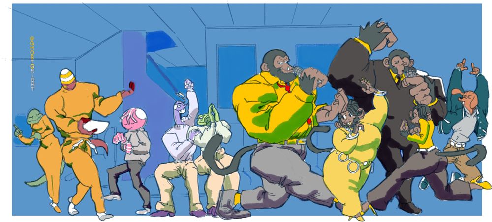 A landscape illustration of the Star family dancing to the karaoke singing of the Doce family in the Star family den room. From left to right : Layla Washington, an anthropomorphic salamander lady who’s Ujima’s fiancé wearing a lounge gown that matches ujimas colors. Ujima, an anthropomorphic lizard man wearing a sweatshirt and sweatpants holding a party bowl with one hand. Omar Star ,A young anthropomorphic slug man wearing a sweater, and dark sweatpants.  Kirby Star, a lanky anthropomorphic slug man wearing a sweater, dress pants, and purple dress shoes, and Akyli Star an anthropomorphic Komodo dragon lady wearing a turtleneck and jeans, clapping her hands. Next is Andre Doce, a large muscular anthropomorphic monkey man wearing a dress shirt with a loose collar and tie, dress pants, while holding a small microphone. Essence Doce, a large anthropomorphic monkey woman wearing pearls, a full satin dress with sleeves, white bangles, and small high heels. She’s holding a microphone and she adorns a large bang that swoops over her left eye while wearing a messy bun. Damian Doce, the eldest son, wearing a full suit with tie holding a microphone. Dulce Doce, an anthropomorphic monkey woman singing into a microphone wearing a sweater, white belt, dark gray bel bottoms, and yellow heels. B.B. Star wearing a varsity jacket, a hoodie, jeans with sneakers and he’s leaping into the air.