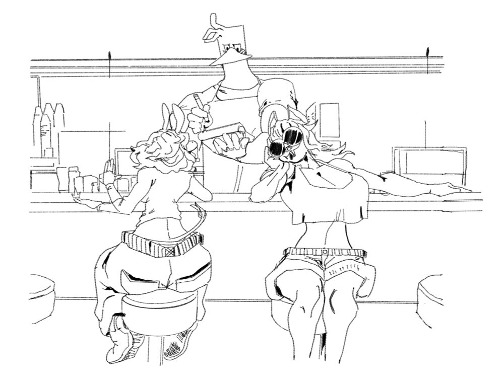 A black and white sketch of my two ocs, Kiara Don Kee, an anthrophormic donkey woman wearing a long sleeve T shirt, baggy jeans, and sneakers and Marcus Mallard, an anthropomorphic duck man wearing an apron, tshirt while holding a pencil and a notebook. Sitting next to Kiara , back towards the counter is Lennox, R0ck3tM4n1ac‼️‘s oc an anthropomorphic bat woman wearing a tank top, round shades, and Dailey dukes . She has her head resting in her palm, while talking to Kiara who you can only see her grin from behind. Marcus looks disgruntled at the notepad writing down both of their orders.