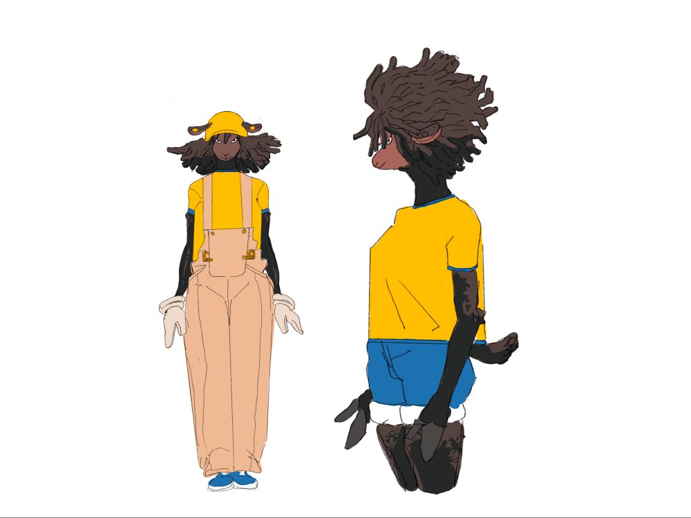 Brown anthropomorphic sheep lady wearing a yellow shirt and blue jean shorts. The other side is her work attire: tan overalls with a yellow shirt and yellow cap