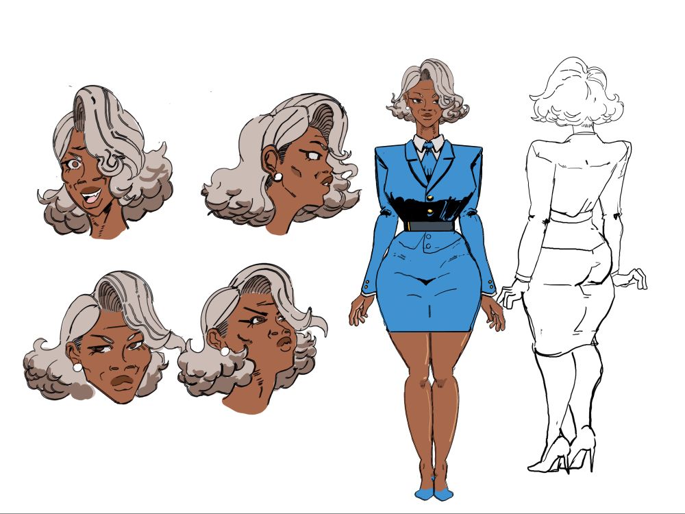 My oc for a short story idea, Anita. The character is an older black woman in a big shoulder dress coat while wearing a pencil skirt.