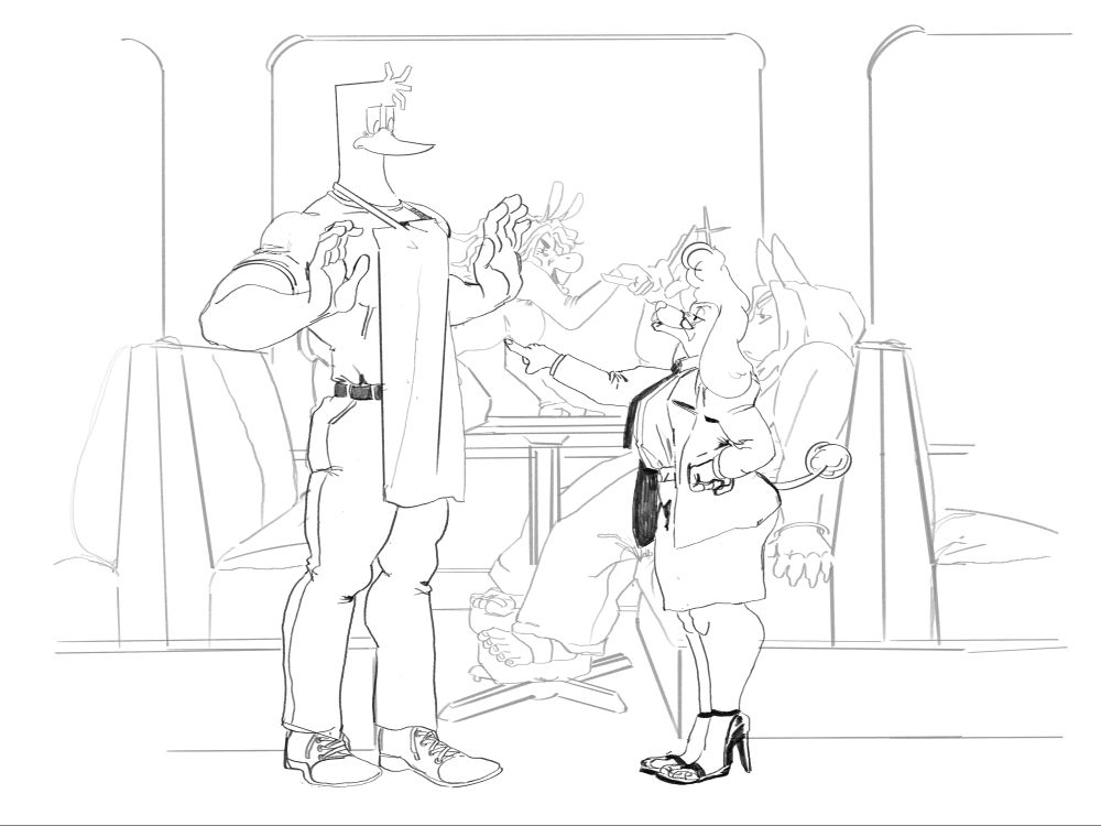 A work in progress of my two characters, Marcus the  anthropomorphic duck man with stylized dreads at the front of his head while the back is square shaped in a apron, short sleeve shirt, jeans, and sneakers and Kiara my anthropomorphic donkey woman, with short wavy hair, long sleeve shirt, big jeans, and dress shoes and scarf’s characters, Hildie a middle aged poodle woman in a business coat, dress shirt with a tie , skirt and high heels. Margarine his chubby cat lady with shoulder length hair that transitions to being wavy at the end, a tank top with thin straps that exposes her belly, big jeans, thick sole sandals, a bracelet on her left wrist. The setting is a background where  Hildie is pointing at Marcus with both arms raised up in defense as if he’s being accused. In the background Kiara is holding a knife crawling atop a table towards Margarine as she is brandishing her own knife back at her.