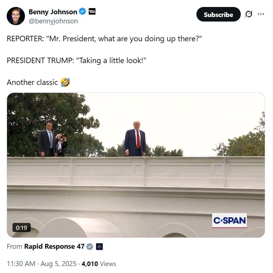 A tweet from Benny Johnson with a photo Donald Trump wandering onto the White House roof. The tweet is predictably very dumb.