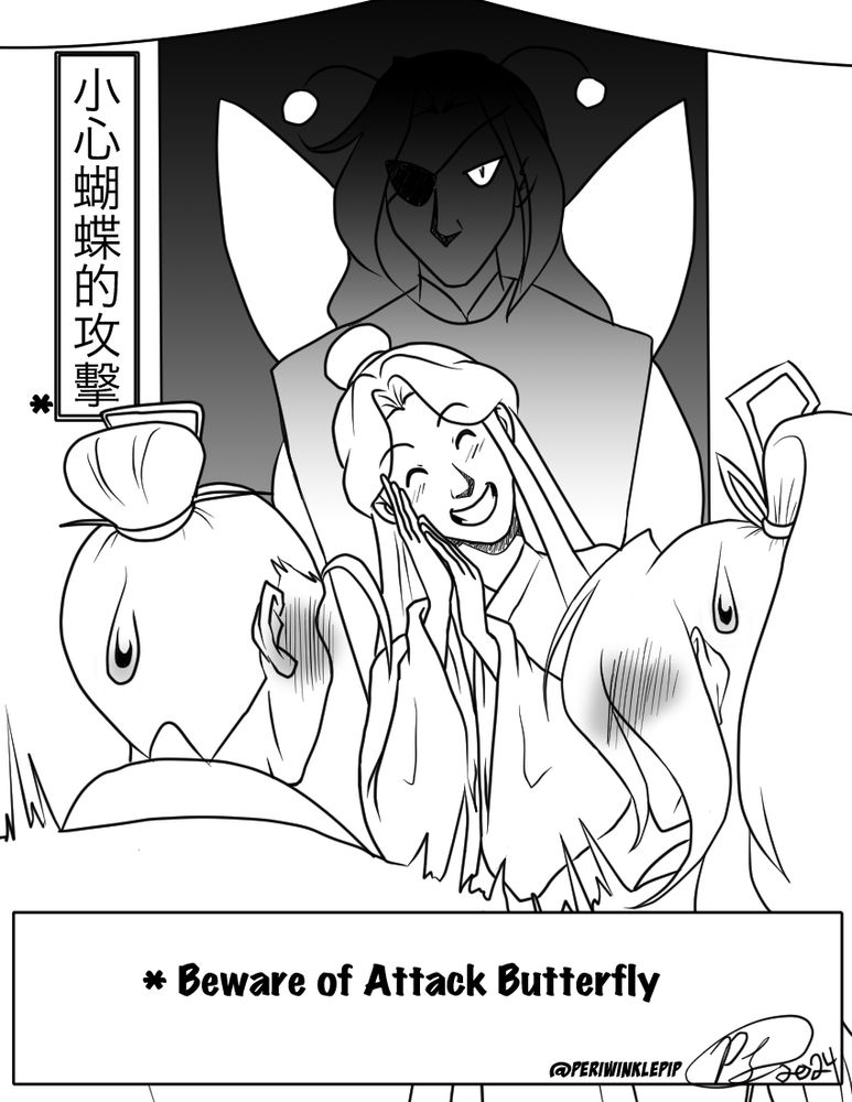 Fan art of the TGCF characters. Feng Xin and Mu Qing in the foreground looking disturbed, Xie Lian smiling and tilting his head to the side cheerfully, Hua Cheng looming behind him in the doorway wearing butterfly wings and antennae headband. A sign reads in Chinese “Beware of attack butterfly” (or hopefully close enough, as I just used Google Translate)