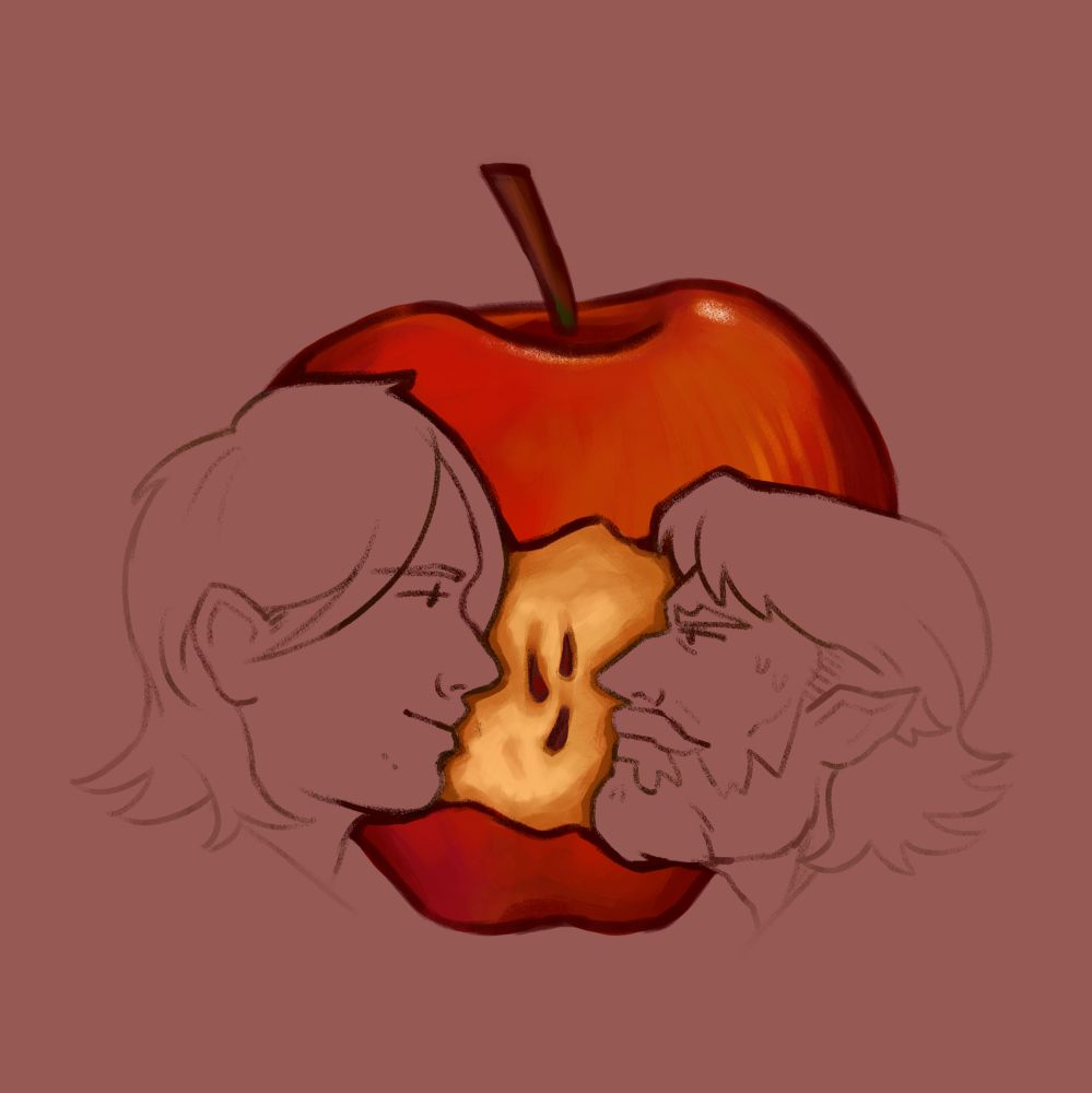 Two silhuettes on either side of the apple, cutting into it, making it look like the apple is being eaten.