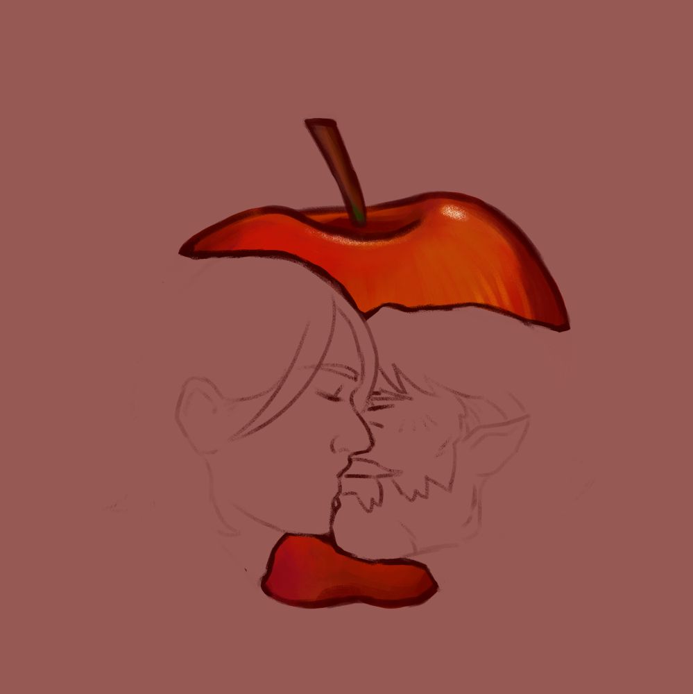 They are now kissing and all of the apple core is gone, only the top and bottom of the red apple remain.