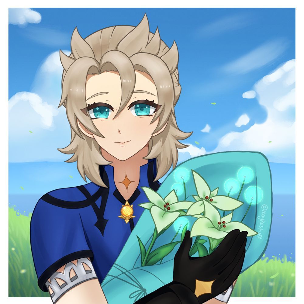 Fan art of Albedo from Genshin Impact smiling while holding a bouquet of Cecilia flowers and dandelions. 