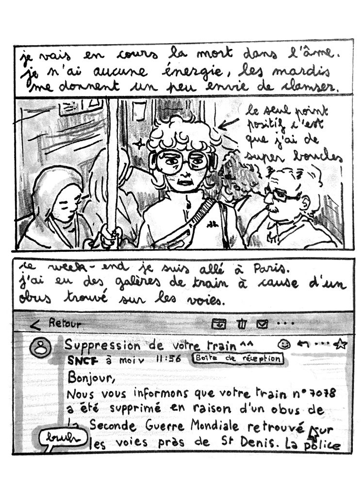 bd en noir et blanc : 
case 1 : je suis dans le métro, j'ai de beaux cheveux bouclés mais une tête d'enterrement. "je vais en cours la mort dans l'âme. je n'ai aucune énergie, les mardis me donnent un peu envie de clamser."
case 2 : un mail de la sncf : "objet : suppression de votre train. contenu : bonjour, nous vous informons que votre train numéro 7078 a été supprimé en raison d'un obus de la seconde guerre mondiale retrouvé sur les voies près de saint-denis." je dis " ce week-end je suis allé à paris. j'ai eu des galères de train à cause d'un obus trouvé sur les voies." 