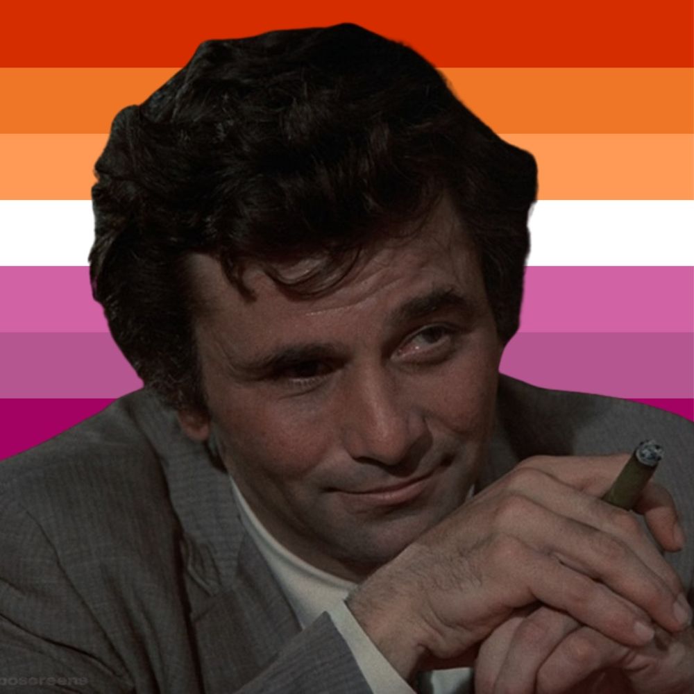 An image of Columbo smiling with a lesbian flag behind him