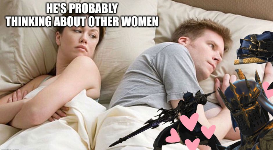 IMAGE ID: a meme of a man and a woman laying back-to-back in a bed.  The woman is looking suspiciously over her shoulder at the man and white text is above her head that reads "he's probably thinking about other women".  The man is staring off into the distance with a thoughtful look.  Images of Fray Myste from Final Fantasy 14 have been edited around the thinking man, along with pink hearts around him.