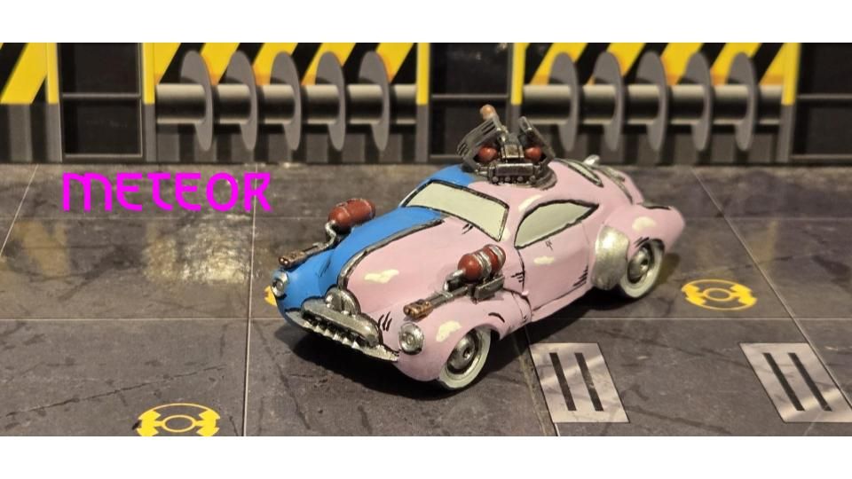 The Meteor is a classic retro futuristic car with 50s styling. I don't use the comic book style too often, but this car just lent itself to the look so well. I'm especially tickled by the white walls.