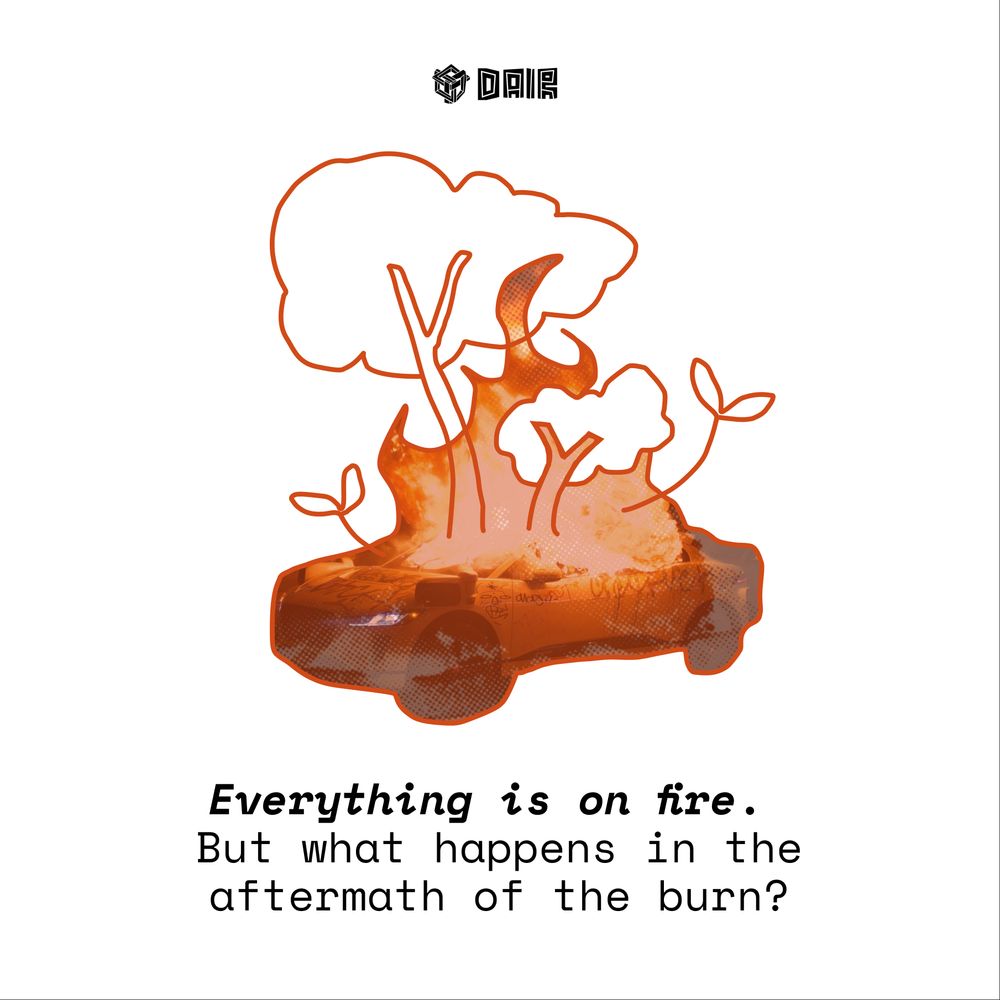A sketch of a car on fire with plants growing out of the roof of the car, in the color orange. Text written in black at the bottom: Everything is on fire. But what happens in the aftermath of the burn?"