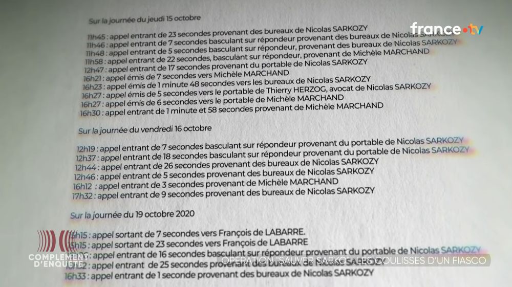 Capture d'écran de complément d'enquête du 16 au 19 octobre où l'on voit des dizaines d'appels que Nicolas Sarkozy à passé à Hervé Gattegno.