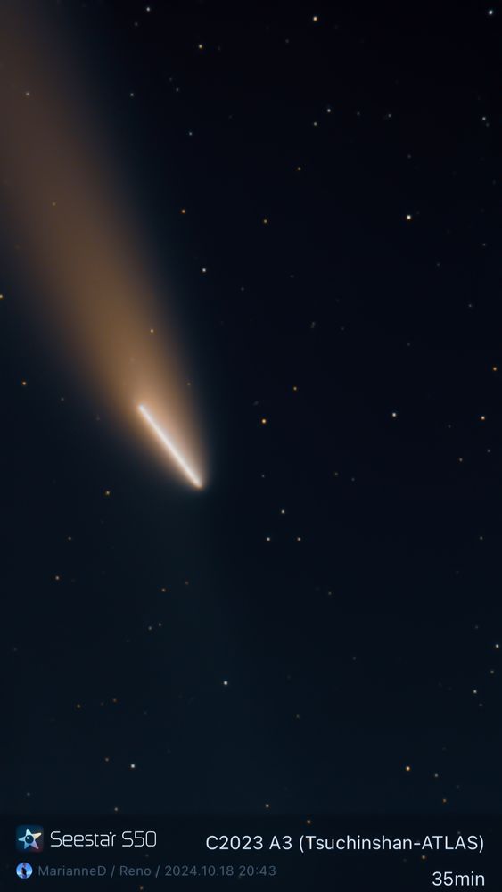 A comet through an Astrophotography telescope Seestar S50
С2023 А3 (Tsuchinshan-ATLAS)
MarianneD / Reno / 2024.10.18 20:43
35min