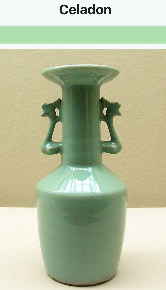 Celadon is a pale greyish shade of green, or rather a range of such shades. Celadon originates as a term for a class of Chinese ceramics, copied by Korea and Japan. However, the name, which is European, may originate from the character Celadon in L'Astrée, a French pastoral novel of 1627, who wore a light green color.
Celadon glazes were very common, with the green color being reliably produced from about the tenth century onwards; this was appreciated in Asia for resembling jade, the most prestigious material of all. The glaze color comes from iron oxide's transformation from ferric to ferrous iron (Fe2O3 → FeO) during the firing process, but is affected by a wide range of other factors and chemicals, making the precise color very difficult to control. As well as green, a wide range of browns, yellows, greys and sometimes blues all count as "celadon".