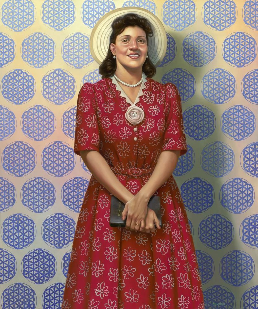 The Mother of Modern Medicine by Kadir Nelson, oil on linen, 2017.
Collection of the Smithsonian National Portrait Gallery and National Museum of African American History and Culture.

From the National Museum of African American History and Culture:

Artist’s Statement:
"The Mother of Modern Medicine," visually juxtaposing faith and science. Lacks smiles innocently. She stands with her beautifully manicured hands crossed, covering her womb (the birthplace of the immortal cell line) while cradling her beloved Bible (a symbol of her strong faith). Her deep red dress is covered with a vibrant floral pattern that recalls images of cell structure and division, while two of the four dime-sized buttons on her dress are noticeably missing (a reference to the cells that were taken from her body without her knowledge). Her bright yellow hat functions as a halo (recalling Renaissance paintings of the Madonna), while pearls (a symbol of the aggressive cancer that took her life) hang from her neck. The decorative wallpaper behind her forms a repeated hexagonal pattern, a design containing the "flower of life", an ancient symbol of immortality and exponential growth - two distinctive qualities of her rare and incredibly durable cells."
-Kadir Nelson, 2017.

Description
Lacks, smiling, is depicted standing in the center of the image. She is facing forward with her hands clasped in front of her body, holding a black book with gold-colored text [HOLY BIBLE]. Lacks is wearing a red dress with a white flower pattern and small belt. The dress has central buttons, with two missing. There is a flower accessory with three pearls in the center above the buttons. Lacks is wearing a wedding ring and a pearl necklaces and earrings. She has a cream and tan hat, the circular brim of which acts like a halo behind her head. Lacks is standing in front of a cream wall with a blue geometric "Flower of Life" motif. The work is signed in the lower right.