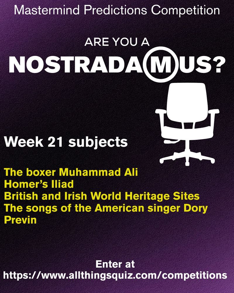 #quiz, #quizzymonday
Do some research, predict the answers for week 21 and score points for guessing the answer and mentions in the questions.
