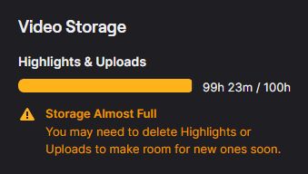 Screenshot of the video storage manager on twitch, showing 99h23m out of 100h of video storage being used