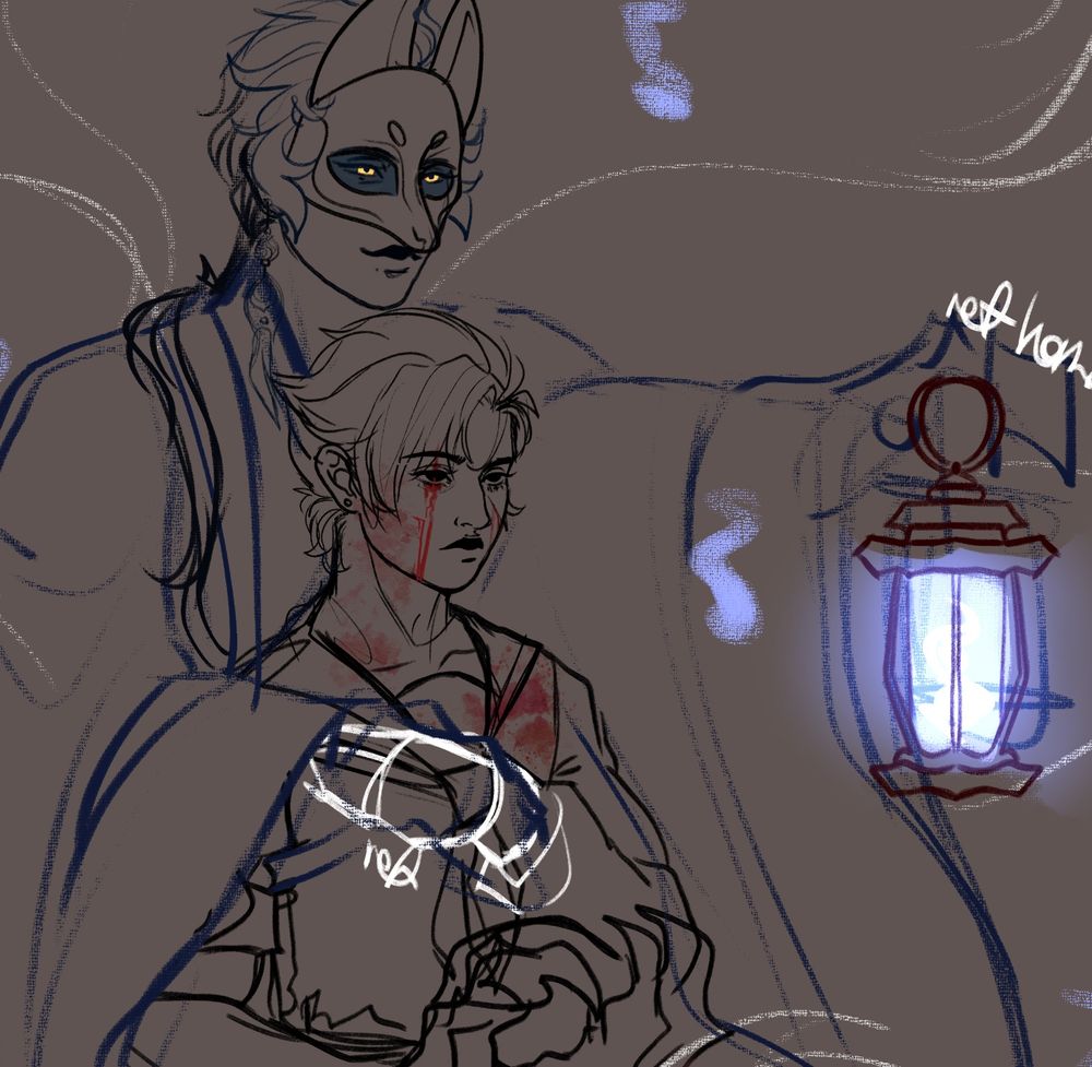 Digital drawing of Joshua in a Japanese kimono and fox mask holding out a blue light lantern. He has his arm around a 15 year old Clive and his hand atop Clive’s. Clive is in a school uniform with his right arm in the form of ifrit’s. He has blood on his clothes and face. 