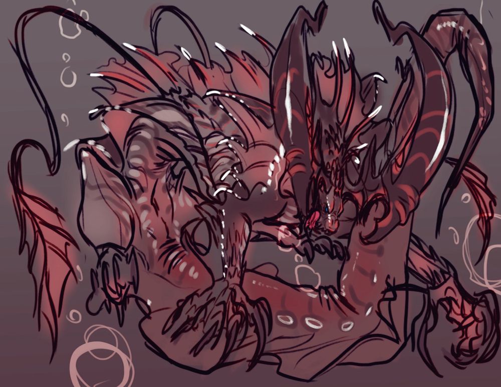 Digital drawing of ifrit but with an aquatic flare. The body is elongated with loose webbing along the sides of the body. A tall sail fin down its back. Long tail with more loose webbing along it and bending along the rectangular flow of the body. The head of the beast stays true to the original design. Coloring is reminiscent of a lionfish 