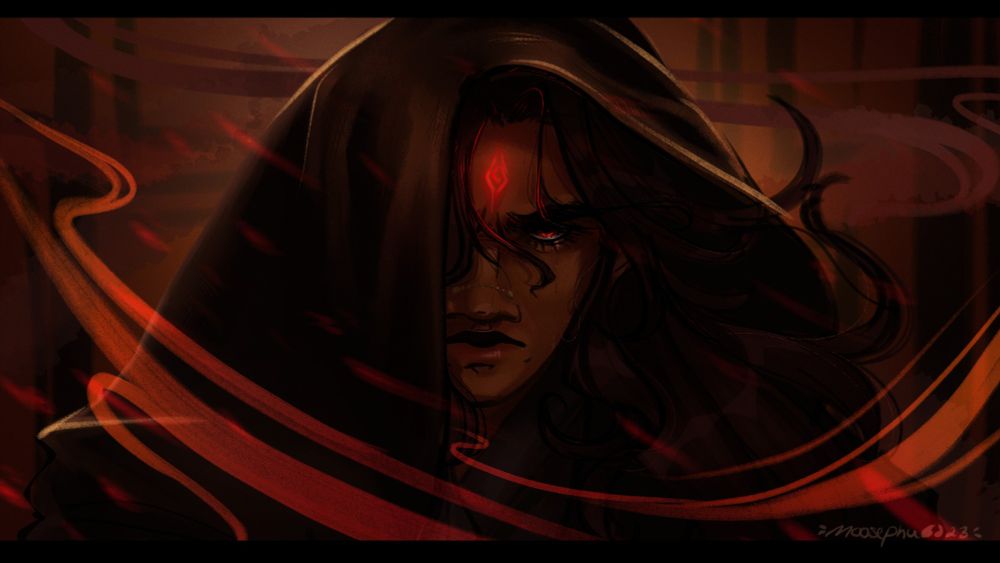 Digital drawing of Luo Binghe as Anakin Skywalker with half his face hidden by a wide hood as he stares both with hatred and pain toward the viewer. His huadian is glowing read as a tear runs down his face. He's surrounded by stylized fire and ashes.