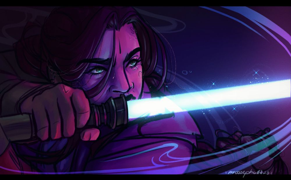 Digital illustration of Shen Qingqiu as Obi-Wan Kenobi. He's posed with his lightsaber ready in front of him with strong lighting in blues and magentas.