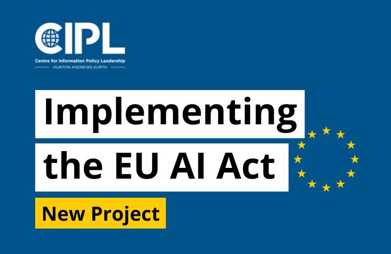 The image shows text displaying the words ‘Implementing the EU AI Act - New Project’ on a blue background 