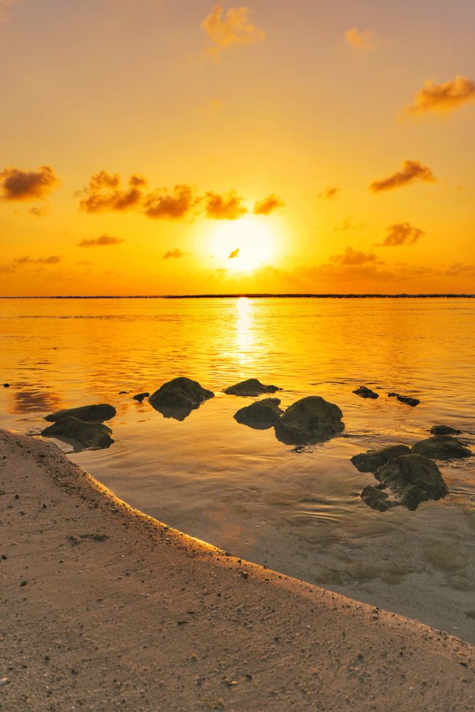 Hulhumalé, Maldives. Sunrise Golden Hour at the Hulhumalé 2nd Phase Beach. Looking at the rising sun at the shoreline. The sand is golden from the reflection of the rising sun. Large corals are scattered and rising from the low tide. The sea and the sky is gold. Small scattered clouds dot the sky. 