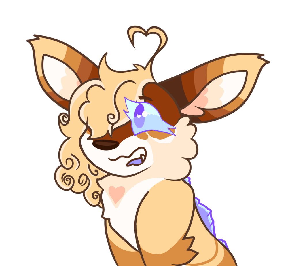 PNG of Cold Brew, a brown coyote-like kaiju creature with yellow curly hair and blue sail spikes down her back looks upset or bothered with a "bleh!" expression