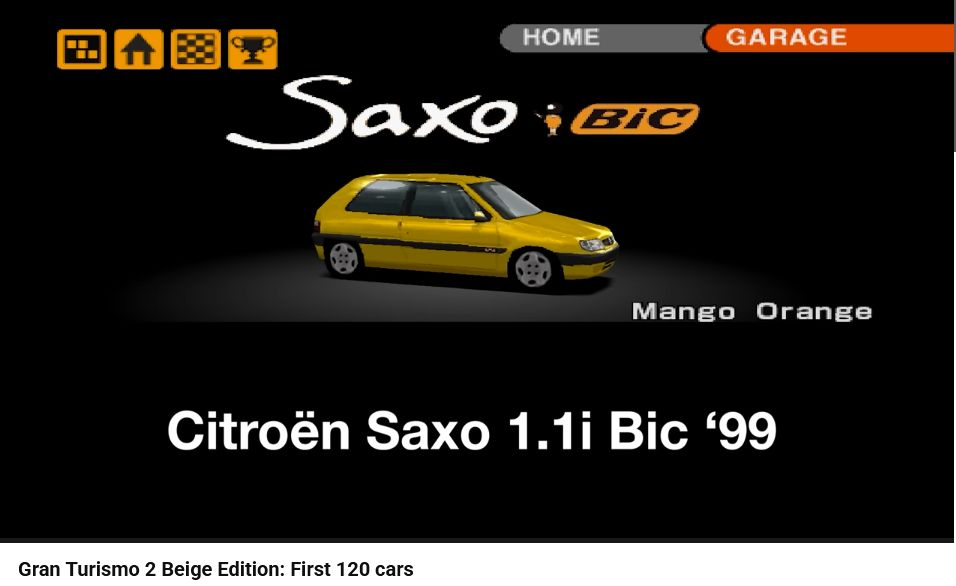 Screen de l'annonce des 120 première voitures du mod "Beige Edition" de Gran Turismo 2 : ici une Saxo Bic couleur Orange Mangue.