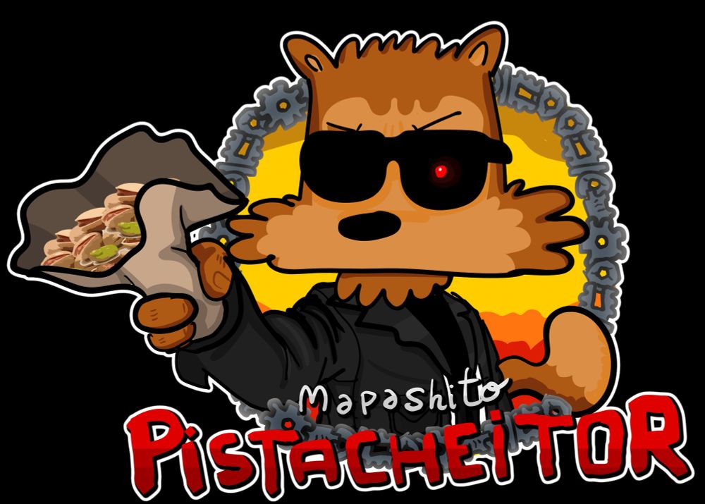 una versión de Terminator, pero con Mapashito, con su chupa de cuero negro, las gafas de sol (con una luz roja en el centro), y en vez de apuntar con una pistola está apuntando con un cartucho de pistachos